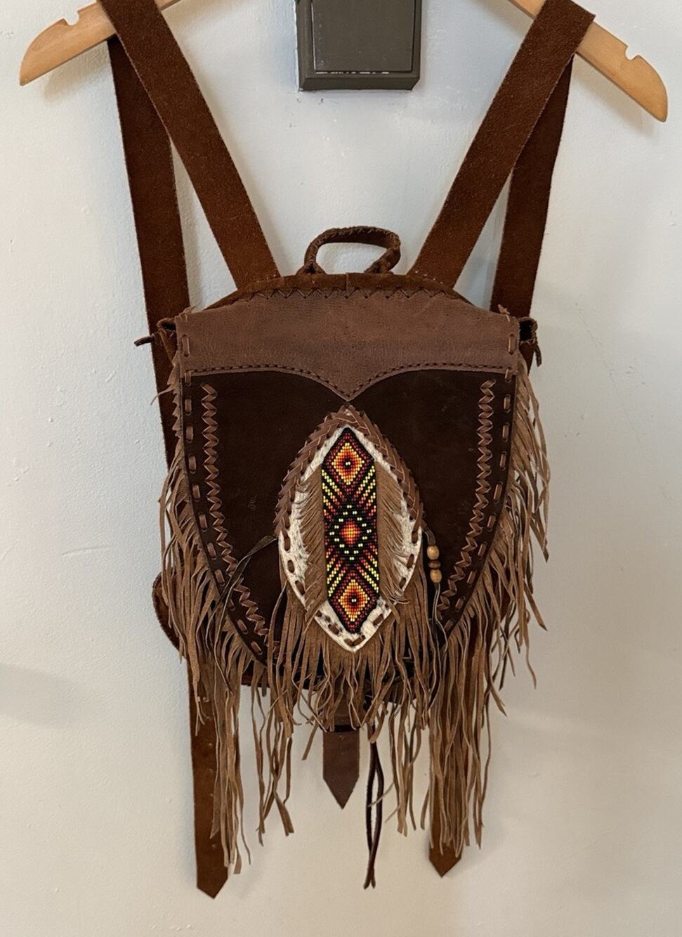 VTG Brown Suede Native American backpack Feathers Beaded Adj Straps Boho